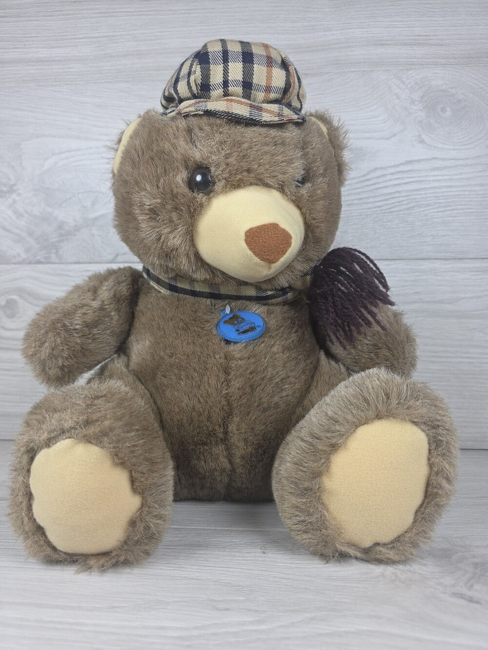 Dakin Plush Teddy Bear Korea Plaid Hat and Scarf Brown 1984 Vtg Korea SU64